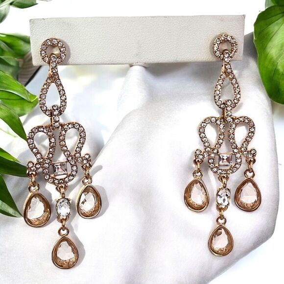 Designer Statement Earrings Gold Tone Crystal Chandelier Bridal Prom 8H - Picture 1 of 5